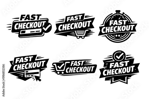 Fast checkout badges and stickers presenting concepts of quick payment, rapid purchasing, and efficient online shopping