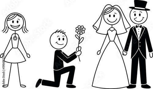 Stick figure illustrations of people in various romantic relationships  happy couple and proposal scene
