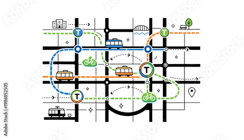 Transportation vector illustration of a city map with various modes of transit