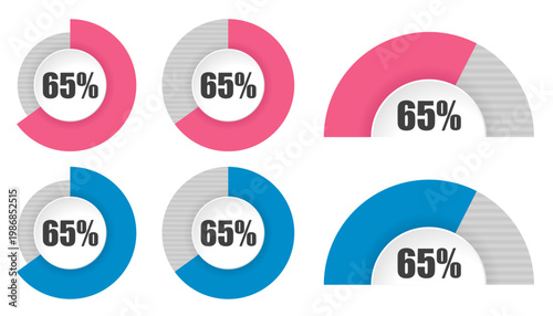 65％の円グラフと半円グラフセット パーセンテージ表示アイコン素材 65 Percent Circle and Semi Circle Chart Set Progress Infographic Elements
