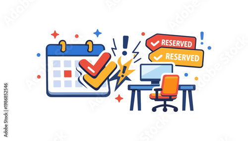 A calendar icon illustration with a reserved desk and computer