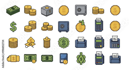 Collection of Financial Icons and Symbols Representing Money and Business.