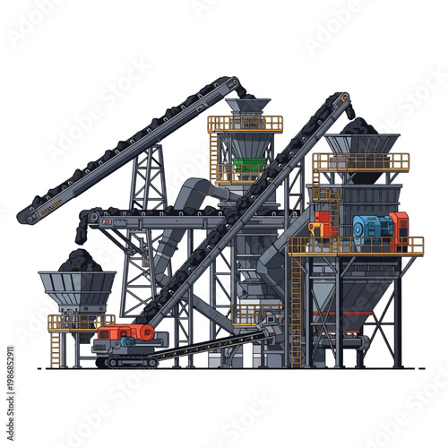 Coal processing plant with conveyor belts and machinery, industrial equipment.