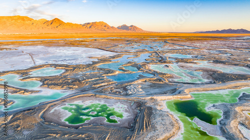 Photos Aerial view of vividly colored salt ponds in Dachaidan Emerald Lake, Qinghai, China