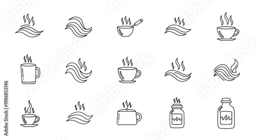 Collection of hand-drawn hot steam icons representing warmth and comfort.
