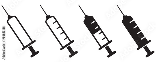 Medical Syringe Injection Icon Set Vector, Vaccination and Healthcare Symbols Isolated on Transparent Background, 
Line and Solid Style for Medical Design