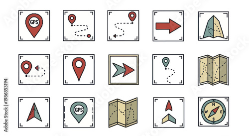 Collection of Hand-Drawn Navigation and Location Icons for Travel and Exploration.