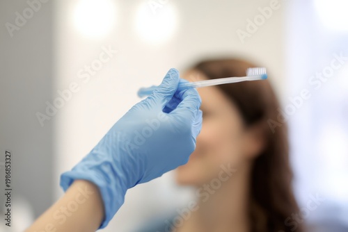 歯科医院で歯ブラシを説明する歯科衛生士