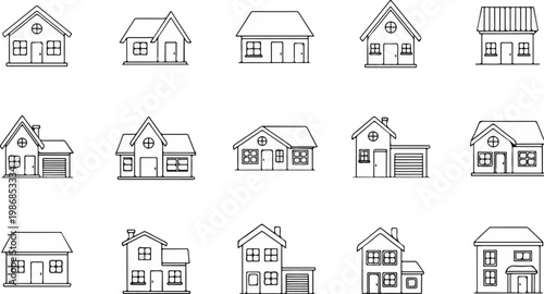 Minimalist house line icons set, 15 residential building vector elements, simple outline home architecture for real estate and urban planning