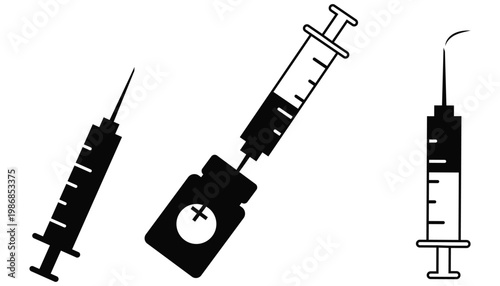 Medical Syringe Injection Icon Set Vector, Vaccination and Healthcare Symbols Isolated on Transparent Background, 
Line and Solid Style for Medical Design