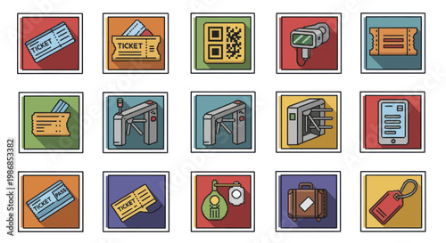 Collection of Icons Representing Tickets and Access Control Systems.