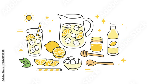 Lemonade illustration with a pitcher, glasses, and honey on a sunny day