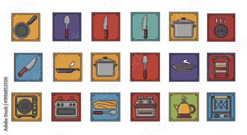 Collection of kitchen utensil icons in a grid format.