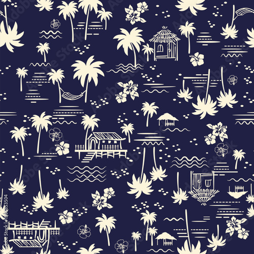  houses, trees, palm tree. Seamless pattern. Logo summer bungalow, villa. Perfect for cards, logo, posters, textile and wedding design, stickers.
