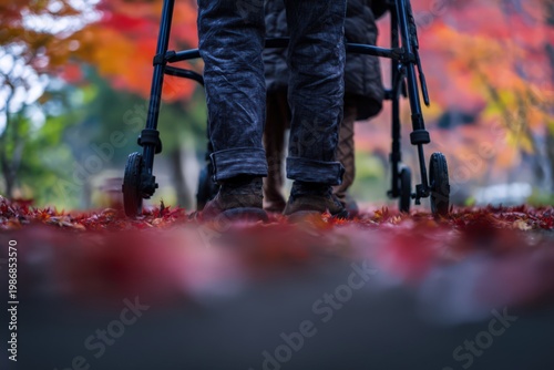 紅葉の中を歩行器で歩く高齢者