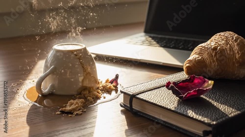 Chaotic Office Desk Corner Crumpled White Paper Balls Spilled Colorful Paperclips Soft Window Light Deadline Aftermath