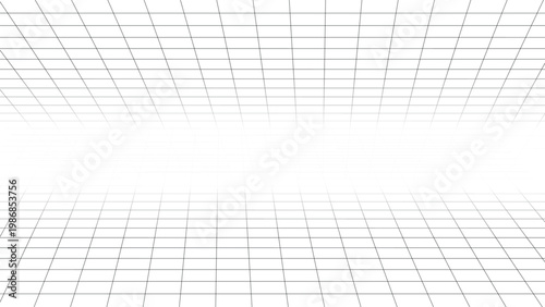 Minimalist perspective grid receding into a pristine white background, creating an infinite digital space ideal for technology, virtual reality, or architectural design concepts