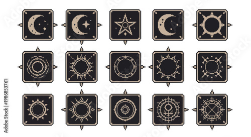 Collection of mystical celestial and alchemical symbols in square frames.