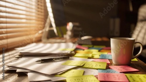 Chaotic Office Desk Corner Crumpled White Paper Balls Spilled Colorful Paperclips Soft Window Light Deadline Aftermath