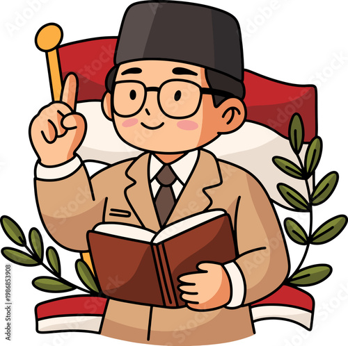 Pancasila Teacher Reading Book Color Illustration