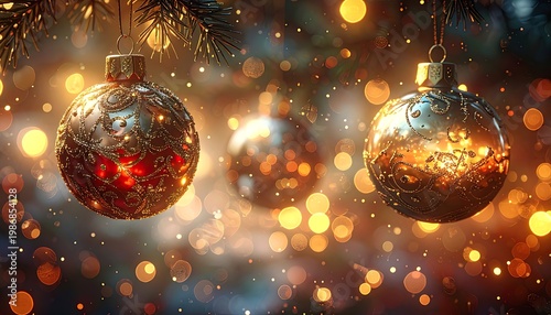 Festive, blurred close-up of Christmas ornaments hanging from a pine branch with bright, twinkling lights in the background