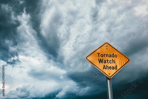 Warning sign indicates tornado watch ahead against dark, swirling storm clouds and ominous sky	