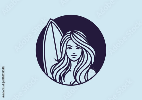 Minimalist Surfer Girl Logo with Long Hair and Surfboard in Circle Vector Illustration