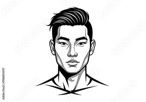 Minimalist Line Art Illustration of a Handsome Young Asian Man with a Modern Pompadour Hairstyle, Monochrome Vector Portrait