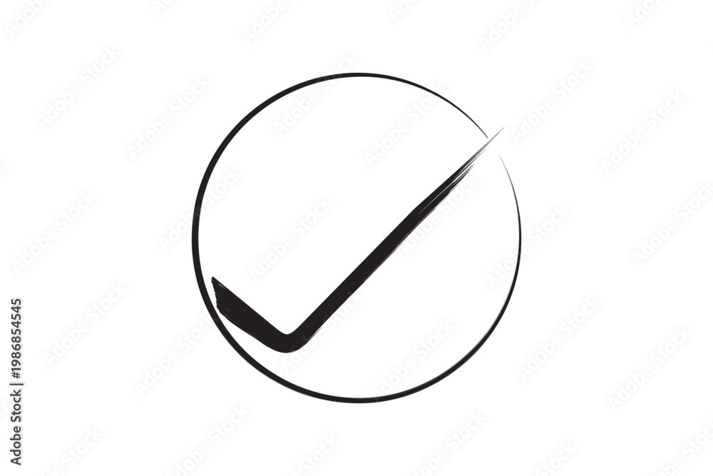 Obraz premium Black approval tick mark inside circle brush stroke sign icon verified and confirmation symbol vector illustration