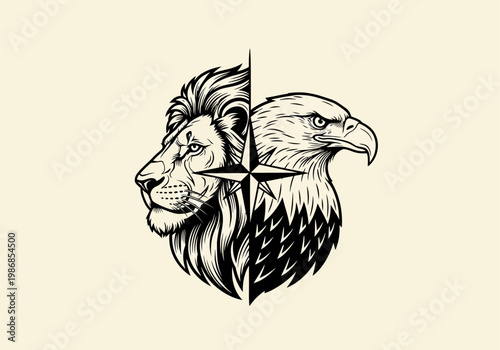 Powerful Lion and Eagle Head Hybrid Mascot Logo with Compass Star, Symbolic Vector Illustration of Leadership, Strength, and Vision