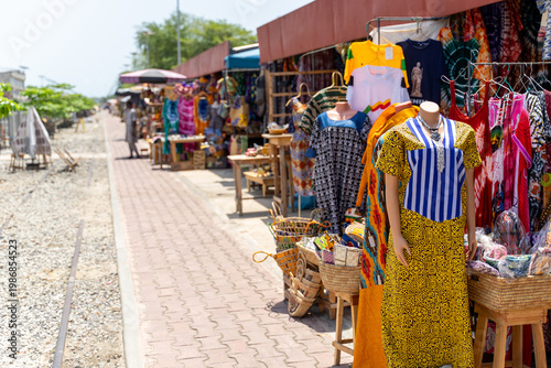 African tourist arts and crafts market in Cotonou, Benin, West-Africa