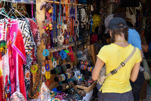 African tourist arts and crafts market in Cotonou, Benin, West-Africa