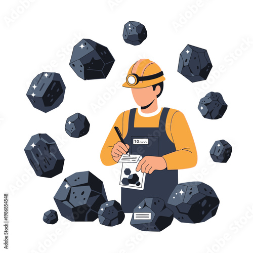Miner Inspecting Coal Rocks, Geological Survey and Resource Extraction Concept