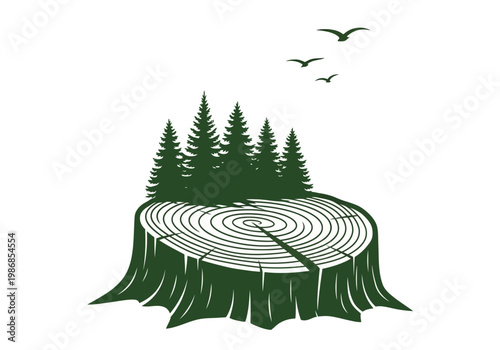 Eco-Friendly Tree Stump Illustration with Forest Growth and Birds - Conceptual Renewal and Sustainability Design