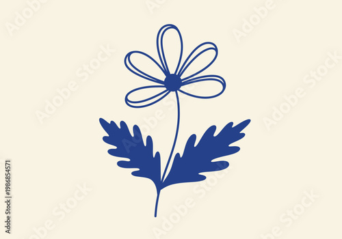 Minimalist Blue Hand-Drawn Flower Illustration with Leaves on Cream Background, Vintage Folk Art Style