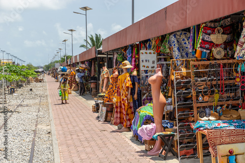 African tourist arts and crafts market in Cotonou, Benin, West-Africa