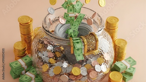 Dynamic concept illustrating the journey of wealth creation and financial abundance, with money flowing into a savings jar and stacked currency