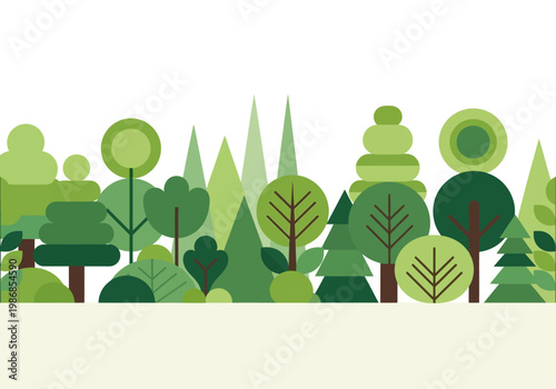 Geometric Flat Design Forest Background with Stylized Green Trees. Minimalist Nature Landscape Illustration for Environment, Ecology, and Sustainability Projects.