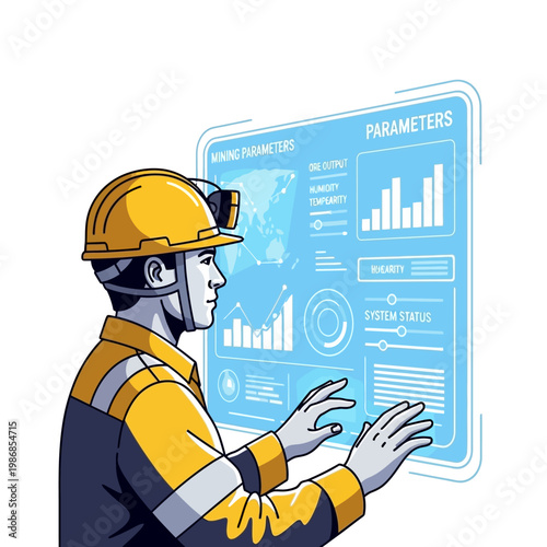 Miner Interacting with Futuristic Digital Display of Mining Parameters and Data