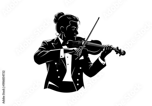 Elegant Black and White Silhouette Illustration of a Professional Violinist Playing Classical Music in a Formal Tuxedo