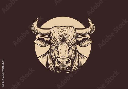 Vintage Bull Head Illustration in Retro Woodcut Style; Majestic Taurus Mascot for Branding and Logo Design
