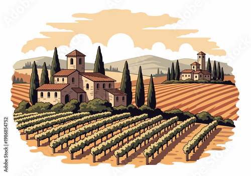 Tuscany Vineyard Landscape Illustration with Italian Villa, Rolling Hills, and Cypress Trees in a Warm Earthy Color Palette