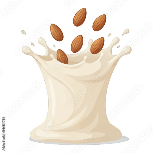 Almond Milk Splash Vector Illustration, Dynamic Food Graphic with Nuts for Packaging and Advertisement