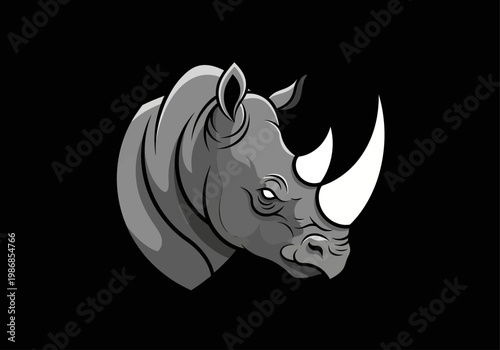 Powerful Rhino Mascot Logo Head Illustration, Monochrome Rhinoceros Profile Vector Icon for Sports Branding and Apparel