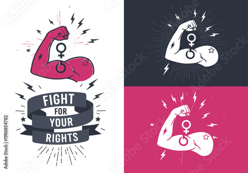 Strong Woman Empowerment Vector Illustration Set: Flexed Arm with Female Gender Symbol and Fight For Your Rights Banner, Vintage Style Graphic for Feminism Activism