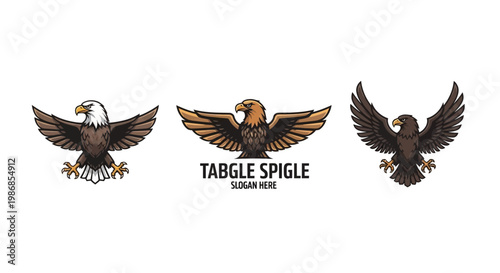Three distinct illustrated eagle designs with spread wings, showcasing different species and styles, suitable for logos or emblems.