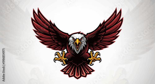 Powerful stylized eagle mascot with spread wings, featuring red and dark brown feathers, a white head, and golden talons, on a light background.