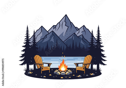 Outdoor Adventure Camping Illustration with Mountain Lake, Campfire, and Adirondack Chairs