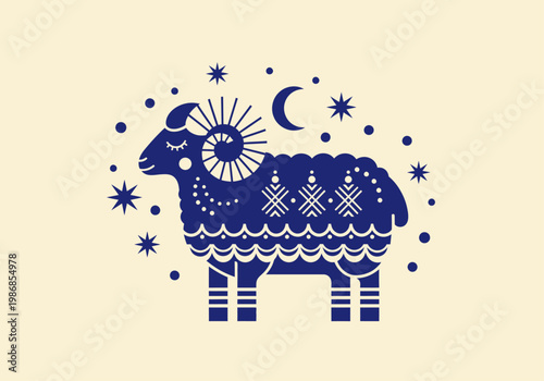 Celestial Aries Ram Zodiac Illustration - Folk Art Style Mystical Blue Sheep with Stars and Moon