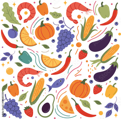 Vibrant Assorted Food Elements Vector Illustration with Fruits and Vegetables